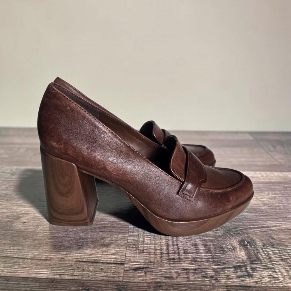 Naturalizer Amble Penny Loafer Platform Heels Brown Leather Pumps Chunky Block 8